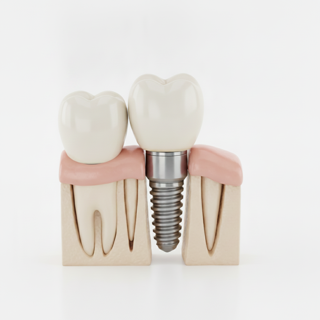 Anatomie eines stabilen Zahnimplantats mit Krone Übernimmt die Krankenkasse Zahnimplantate wird ein Implantat, Abutment und Krone im Kieferknochen dargestellt.