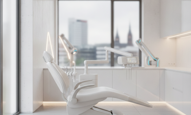 Ein modernes, leeres Behandlungszimmer in einer deutschen Zahnarztpraxis mit einer ergonomischen, bequemen Zahnarztliege, sanfter Beleuchtung und verschwommenen technologischen Elementen im Hintergrund, die Ruhe und Fortschritt vermitteln.