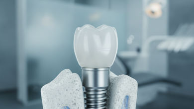Nahaufnahme eines modernen Zahnimplantats, das sich in eine knochenähnliche Struktur integriert, mit einem verschwommenen Hintergrund einer zahnärztlichen High-Tech-Klinik. Fokus auf Präzision und Innovation in der dentalen Implantologie in Deutschland.