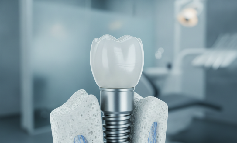 Nahaufnahme eines modernen Zahnimplantats, das sich in eine knochenähnliche Struktur integriert, mit einem verschwommenen Hintergrund einer zahnärztlichen High-Tech-Klinik. Fokus auf Präzision und Innovation in der dentalen Implantologie in Deutschland.