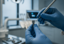 Nahaufnahme eines glänzenden, modernen Zahnimplantats, das von gloved Händen mit chirurgischen Instrumenten gehalten wird, vor einem verschwommenen Hintergrund einer sterilen, modernen Zahnklinik. Der Fokus liegt auf Präzision und medizinischer Technologie, ohne jeglichen Text.