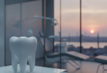 Ein sauberes, stilisiertes Zahnmodell oder modernes Dentalinstrument im Vordergrund einer Zahnklinik, mit einem weich gezeichneten Stadtbild von Istanbul im goldenen Licht als Hintergrund, das die Kosteneinsparungen im Zahntourismus symbolisiert.