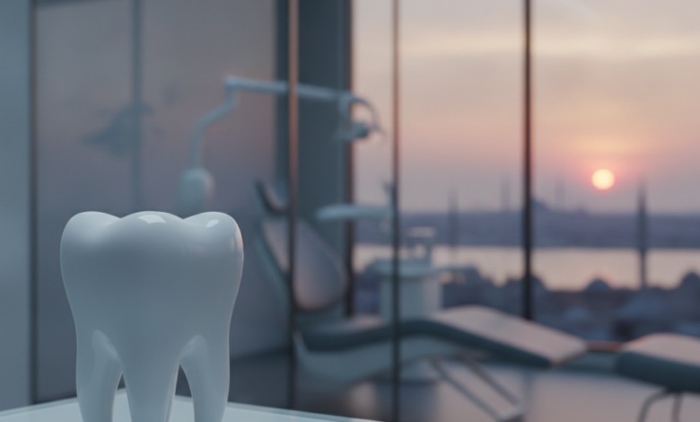 Ein sauberes, stilisiertes Zahnmodell oder modernes Dentalinstrument im Vordergrund einer Zahnklinik, mit einem weich gezeichneten Stadtbild von Istanbul im goldenen Licht als Hintergrund, das die Kosteneinsparungen im Zahntourismus symbolisiert.