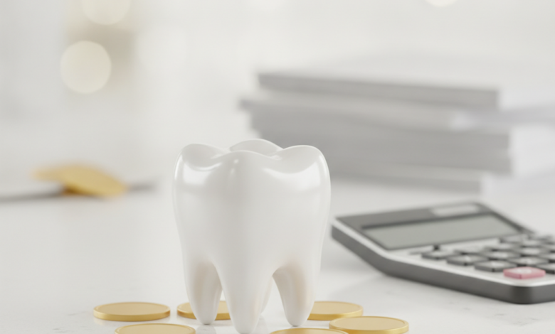Eine Nahaufnahme eines stilisierten, gesunden Zahns auf einem hellen Schreibtisch, umgeben von unscharfen Münzen und einem nicht lesbaren Rechner, die die finanziellen Aspekte von Zahnbehandlungen und Krankenkassen-Erstattungen symbolisieren. Der Hintergrund ist weich gezeichnet, ohne sichtbaren Text.