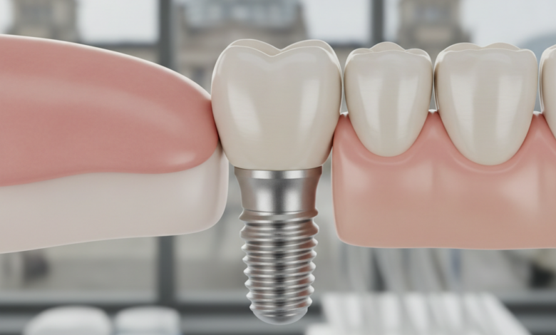 Ultra-detaillierte Nahaufnahme eines perfekt integrierten Zahnimplantats in einem gesunden menschlichen Gebiss, umgeben von sauberem Zahnfleisch. Das Implantat und die Zahnkrone wirken sehr natürlich. Der Hintergrund ist unscharf und deutet auf eine moderne Zahnklinik hin, mit einem extrem subtilen, verschwommenen Hinweis auf eine Berliner Stadtansicht im äußersten Hintergrund.