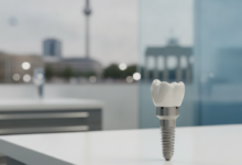 Ein detailliertes, stilisiertes Modell eines Zahnimplantats aus Titan oder Keramik, scharf im Vordergrund. Im unscharfen Hintergrund sind die Umrisse der Berliner Skyline zu erkennen, darunter möglicherweise ein Wahrzeichen wie das Brandenburger Tor. Das Bild vermittelt Präzision und moderne Zahnmedizin.
