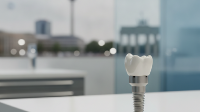 Ein detailliertes, stilisiertes Modell eines Zahnimplantats aus Titan oder Keramik, scharf im Vordergrund. Im unscharfen Hintergrund sind die Umrisse der Berliner Skyline zu erkennen, darunter möglicherweise ein Wahrzeichen wie das Brandenburger Tor. Das Bild vermittelt Präzision und moderne Zahnmedizin.