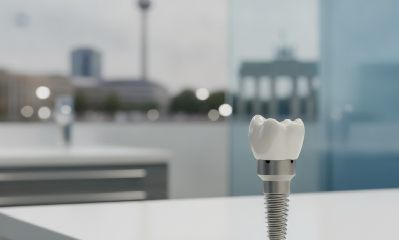 Ein detailliertes, stilisiertes Modell eines Zahnimplantats aus Titan oder Keramik, scharf im Vordergrund. Im unscharfen Hintergrund sind die Umrisse der Berliner Skyline zu erkennen, darunter möglicherweise ein Wahrzeichen wie das Brandenburger Tor. Das Bild vermittelt Präzision und moderne Zahnmedizin.